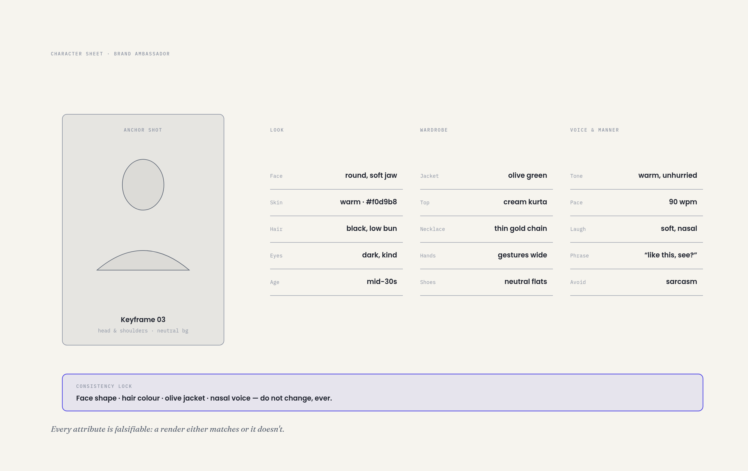 A character sheet diagram with a locked style block, action block and negative prompt list