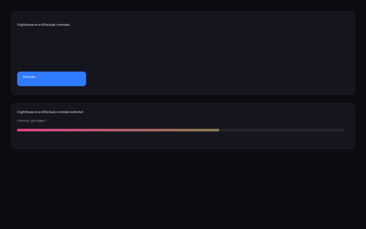 Lumina Studio workbench: a prompt box, a blue Generate button, and a running job with a gradient progress bar