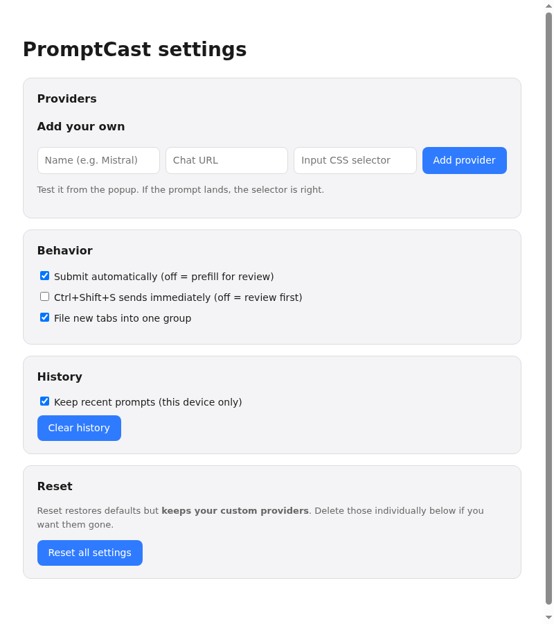 PromptCast settings: provider toggles, custom provider form, behavior, history, and a safe reset section